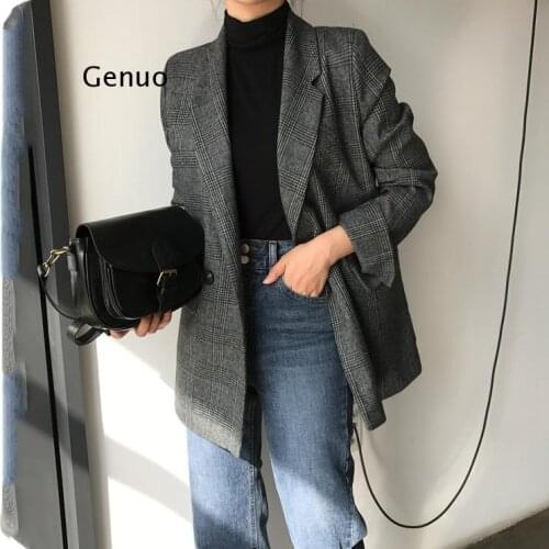 New 2021 Winter Spring Womens Blazers Plaid Double Breasted Pockets Formal Jackets Checkered Outerwear Tops