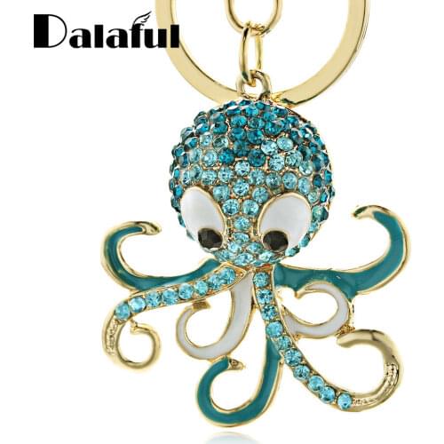 Dalaful Cute Octopus Keychain Keyring Crystal Ocean Animal Purse Handbag Bags Pendant Key Chain Ring Holder For Car Women K377