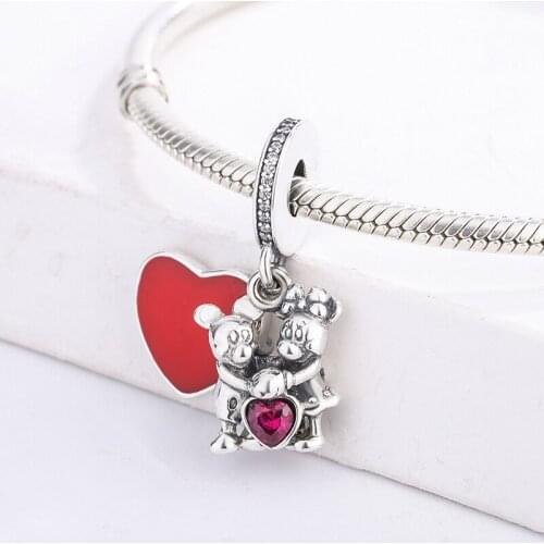 Mickey & Minnie Love Dangle Charm Rendered In 925 Sterling Silver Red Enamel Pendant Charm Bracelets Jewelry Making For Pandora