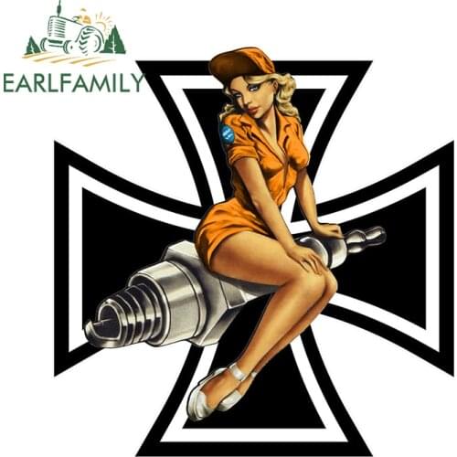 EARLFAMILY 13cm x 12.6cm Croix De Fer Malte PIN UP GIRL Biker BOBBER Sticker Funny Decal Vinyl Graphic Window Trunk Car Stickers