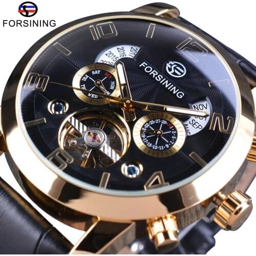 Forsining Golden Bezel Tourbillion Year Month Display Genuine Leather Men Watches Top Brand Luxury Self Winding Automatic Watch