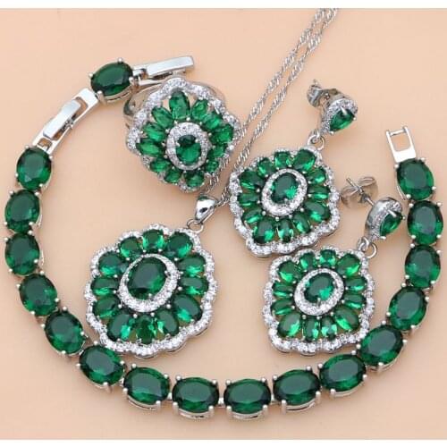 Green Cubic Zirconia White CZ 925 Silver Jewelry Sets For Women Earrings/Pendant/Necklace/Rings/Bracelet