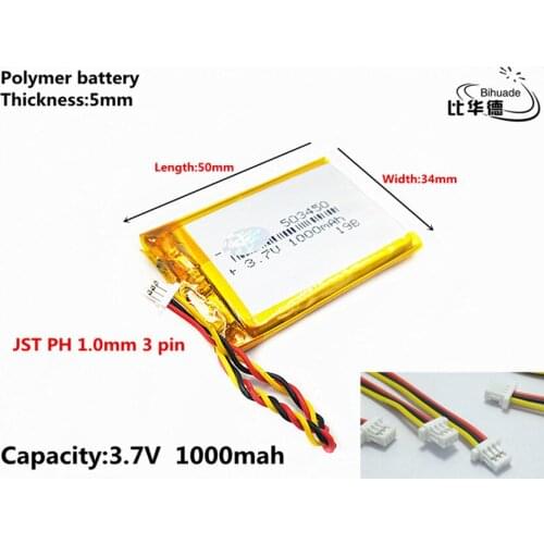 JST PH 1.0mm 3 pin Liter energy battery 3.7V,1000mAH 503450 Polymer lithium ion / Li-ion battery for tablet pc BANK,GPS,mp3,mp4