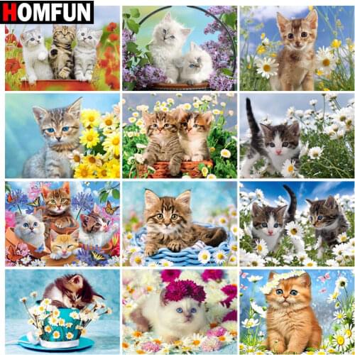 HOMFUN Rhinestone Painting Crystal Decor Diy Diamond Painting "Cat flower animal" 3D Cross Stitch Pattern Diamond Embroidery