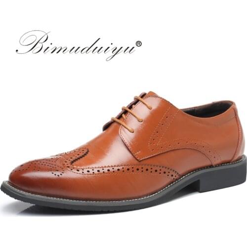 BIMUDUIYU Leather Lace Up Modern Mens Business Dress Brogue Shoes Party Wedding Suit Formal Footwear Male Dress Shoes