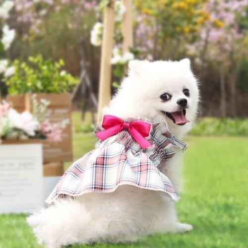 Summer Dog Plaid Bow Dress Pet Sleeveless Skirt Pet Dog Wedding Dress For Chihuahua Pug Yorkie Clothing Girl Puppy Cats Supplies