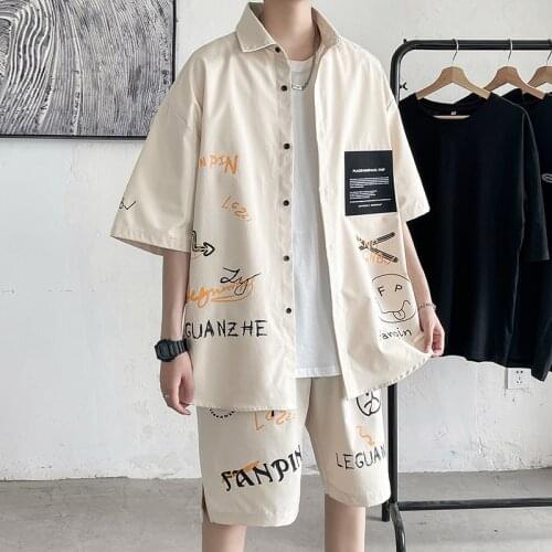 2021 Summer Shorts Sets Men Casual Letter Graffiti Print Short Sleeve Clothes Patchwork Large Size Shirt Suits Man Black Beige