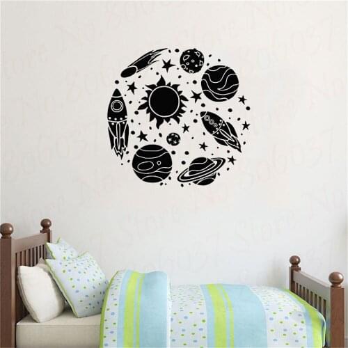 Wall Decal Rocket Astronaut Cartoon Sun Space Nursery Room Decoration For Kids Bedroom Poster Sticker Space Ship Design WL1600