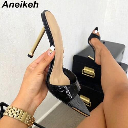 Aneikeh 2021 NEW Mule High Heels Womens Pumps Sexy Pointed Toe Snake Print Strappy Slingbacks Beach Shoes Botines Mujer 35-42