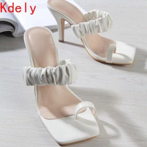New Slippers Women Pleated Mid Heel Shoes Square Toe Block Heels Slides Female Summer Sandals Ladies White Large Size 35-42