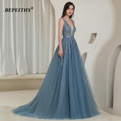 BEPEITHY Elegant V Neck Gray Blue Long Evening Dresses 2021 Party Sexy Backless Prom Gown Sleeveless Robe De Soiree For Women