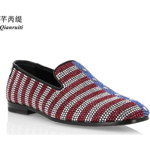 Qianruiti Fashion Men Mixed Color Crystal Loafers Patchwork Stripe Flats Diamonds Shoes Smoking Shoes Men Casual Flats