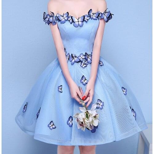 Sexy Off Shoulder V Neck Short Sleeves Mesh Graduation Dress Appliques Flowers A Line Puff Short Formal Party Prom Dress