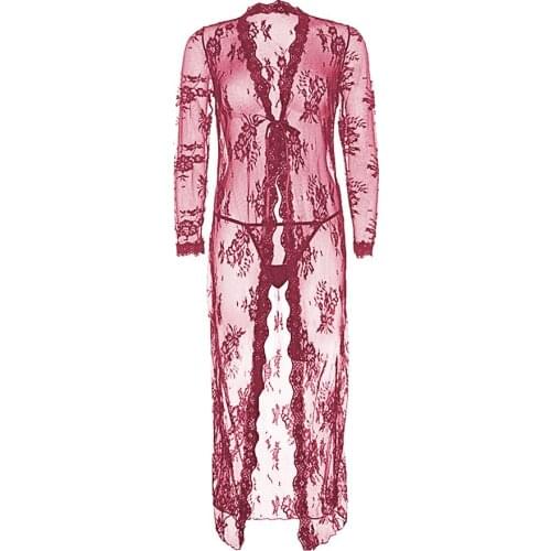 Varsbaby Sexy Lingerie Female Black Sexy Transparent Mesh Nightgown Womens Lace Long Pajamas Summer