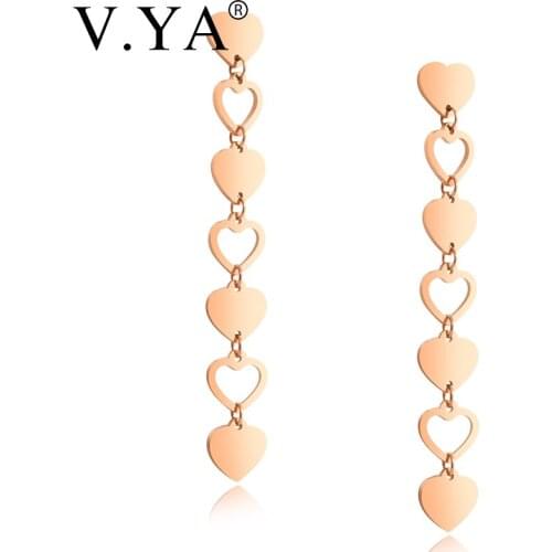V.YA Love Heart Earring Long Drop Earrings For Women/Girl Simple Stainless Steel Rose Gold Earrings For Female Gift