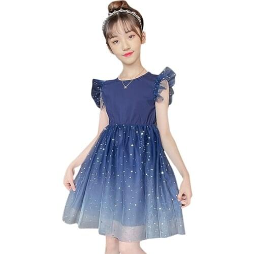 Girls Mesh Dress Star Pattern Girl Child Dress Sequin Children Dress Summer Kids Costume 6 8 10 12 14