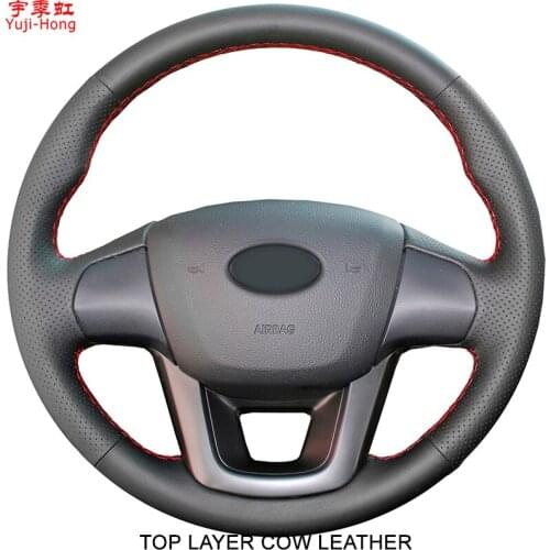 Yuji-Hong Top Layer Genuine Cow Leather Car Steering Covers Case for KIA K2 2011-2012 Hand-stitched Wheel Cover