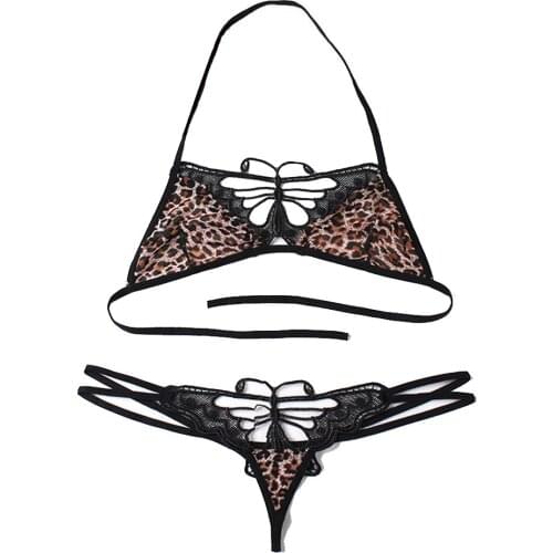 For Woman Halter Bra Butterfly G-string Brief Set Wild Leopard Print Sex Lingerie See-through Underwear Erotic Sex Sleeping Wear