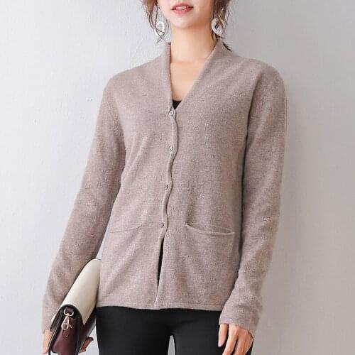 Spring and Autumn New 100% Pure Wool Cardigan Woman V Tie Pocket Sweater Long Sleeve Cashmere Knitted Bottoming Sweater Coat