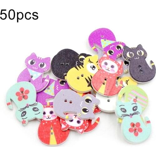 50Pcs Wry Tail Cat Mixed Painting Wooden Button 2 Holes Scrapbooking Craft Sewing Clothes Accessories DIY Kid Apparel Supplies