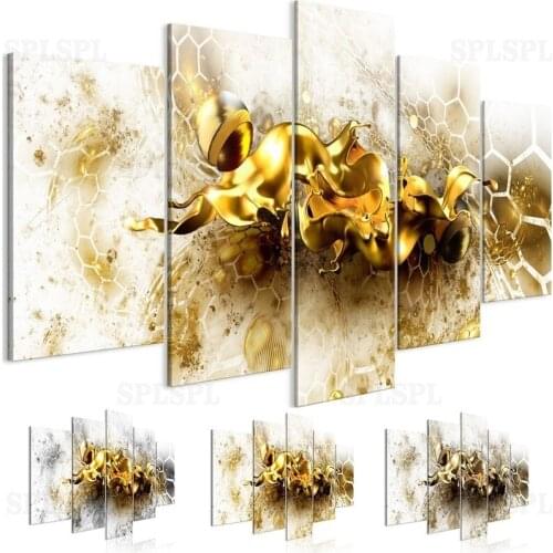Liquid Gold Wide Wall Art Canvas Brown Golden Grey HD Print Painting 5 Pisces Abstract Posters Modular Pictures for Living Room