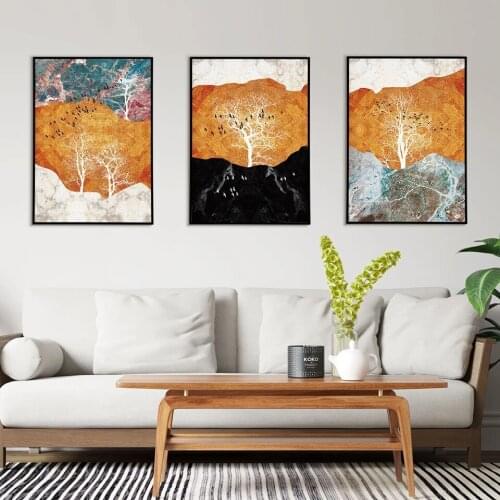 Abstract Tree Poster Golden Mountain Canvas Painting Wall Art Pictures For Living Room Modern Home Decorative Print On The Wall