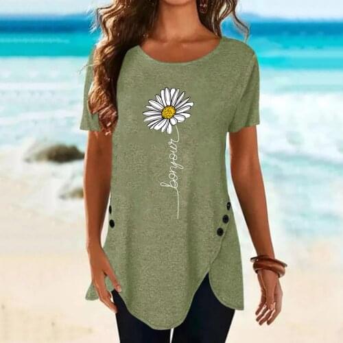 2021 Summer Short Sleeve Blouse Women Fashion Floral Printing Tunic Womens Tops Round Neck Buttons Shirt Vintage Bluzki Damskie