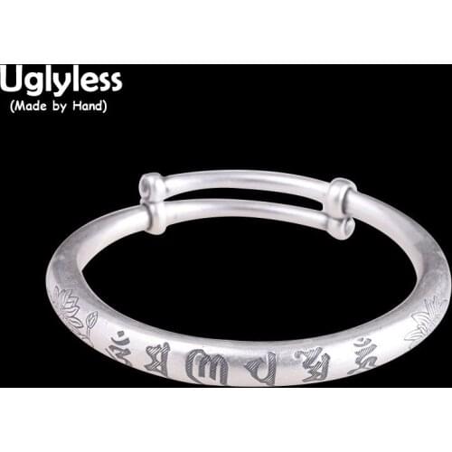 Uglyless Classic Push-pull Adjustable Ethnic Bangles for Women Solid 999 Pure Silver 6 Words Mantra Buddhism Bangles Gifts Lotus