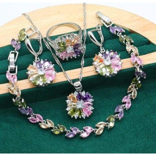 Dubai Multicolour Zircon Wedding Silver Color Jewelry Set for Women Bracelet Long Earrings Necklace Ring Christmas Gift