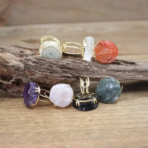 Irregular Raw Stone Gold Adjustable Rings Healing Crystal Quartz Amethysts Agates Drusy Ring Women Jewelry Dropshipping,QC4044