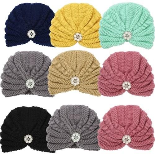 3Pcs Newborn Infant Baby Hats Toddler Girls Winter Warm Soft Knitted Hat With Rhinestone Beads Solid Color Cute Baby Beanie Cap