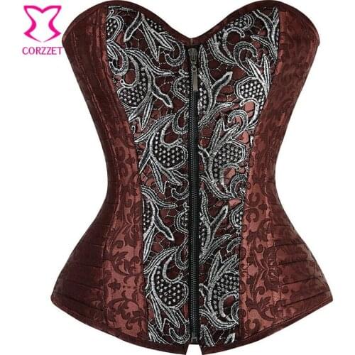 Brown Brocade Steampunk Corset Steel Boned Corsets and Bustiers Zipper Korsett For Women Sexy Gothic Clothing Corpete Corselet