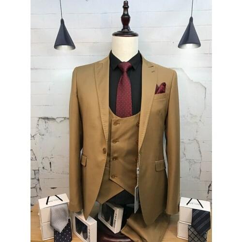 Golden Men Suit Slim Fit Tuxedos 2021 Made New Fashion Formal Business Suit Mens suit Europe size coat + pants + vest 3 Piece