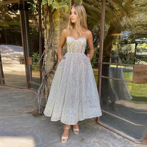 LORIE 2021 Glitter A Line Short Evening Dresses Sweetheart Boning Fitted Bodice Tea Length Modern Prom Party Gowns With Pockets