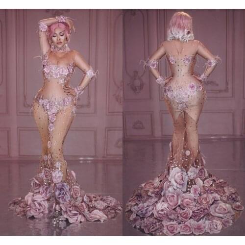 Fashion Pink Flowers Illusion Long Mermaid Prom Party Dress for Black Girls 2020 African Sexy Evening Dresses robe de soriee