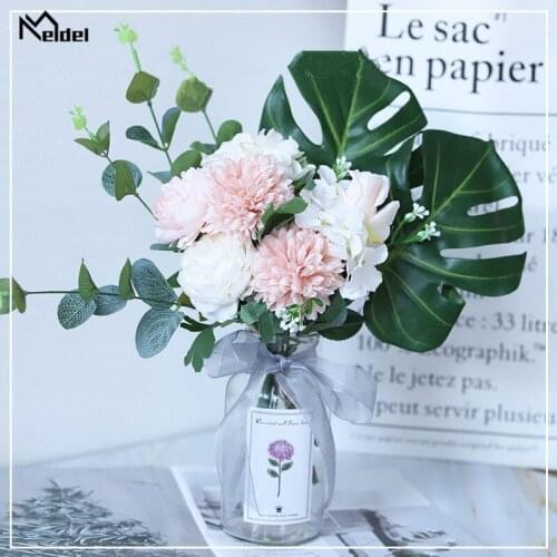Meldel Silk Rose Peony Monstera Flower Bundle Wedding Party Table Bouquet Artificial Flower Room Desk Vase Decorative Fake Flore