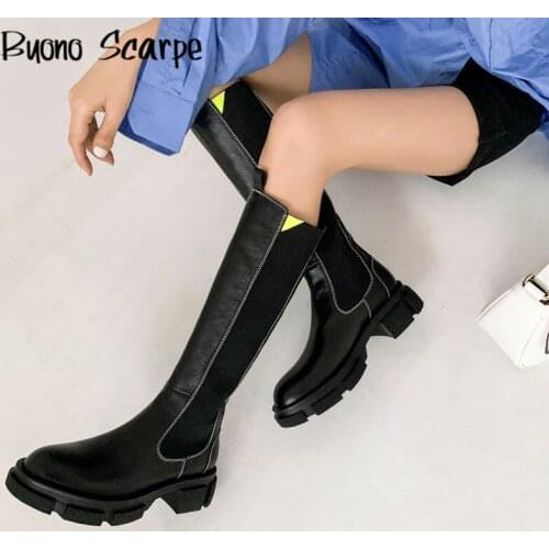 New British Knee High Chelsea Boots Genuine Leather Thick Bottom Knight Boots Elasticity Splicing Slip On Womens Chimney Boots