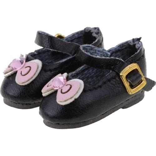 Pair of Bowknot Rhinestones Ankle Strap PU Leather Shoes for 12'' Blythe Dolls