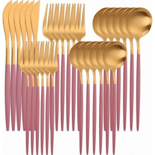 Western Luxury Pink Silver Dinner Tableware Stainless Steel Dinnerware Spoon Fork Knife Set Safe and Eco-Friendly Travel Cutlery