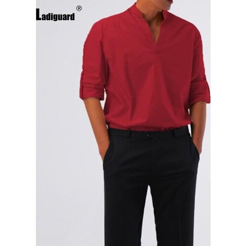Ladiguard Mens Elegant Fashion Shirt BasicTops Sexy Men clothing 2021 Autumn Shirts BlousLong Sleeve Casual Pullovers Red White