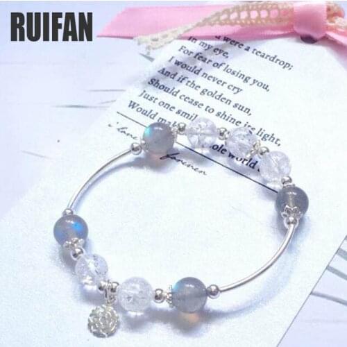 Ruifan Snowflake Natural Gray Moonstone 925 Sterling Silver Crystal Bracelet for Women Female Trendy Party Jewelry Gift YBR031