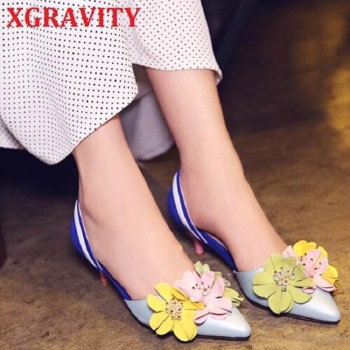 XGRAVITY 2020 Summer Lady Fashion High Heel Shoes Pointed Toe Dress Shoes Elegant Flower Closed Toe Party Summer Evening Sandals