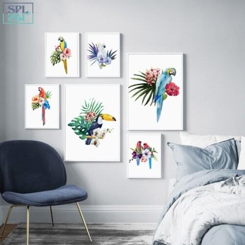 SPLSPL Parrot Flower Wall Art Canvas Painting Nordic Poster Watercolor Posters And Prints Wall Pictures For Living Room Decor