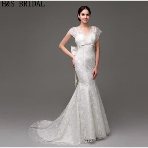 V-Neck mermaid wedding dresses vestido de noiva Lace Up cheap Wedding Gown With Bow Beaded Cap sleeve Lace wedding dress