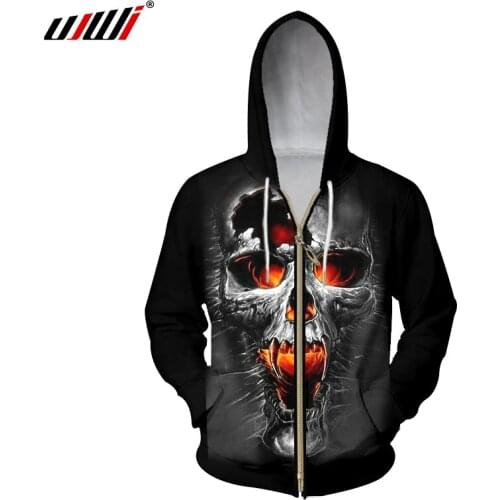 UJWI Zipper Hoodies Men Broken Skull Printed Sweatshirt Hoody Male 3D Hooded Zip Outwear Sweats Oversize Long Drawstring Jackets