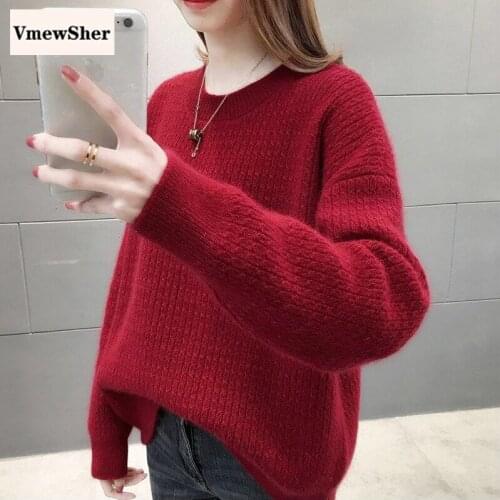 VmewSher Women Knitted Pullovers Sweater 2020 Autumn Winter New Casual High Quality Female Elegant Solid Loose O-Neck Sweater