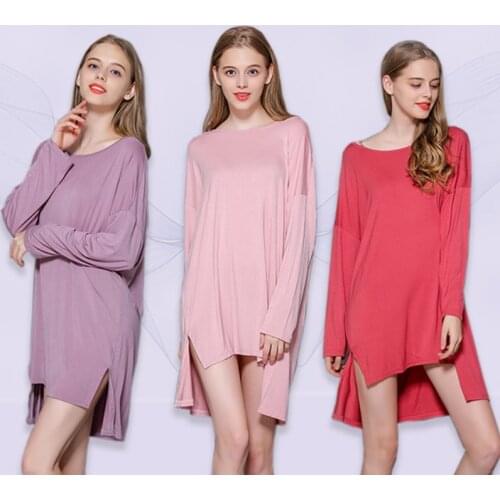 Women Summer Dress Spring O-neck Plus Size Loose Slit Dresses Lady Home Candy Color Nightdress Modal Long Sleeve Sleepwear WF085