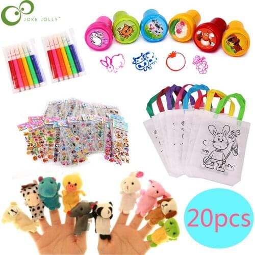20Pcs Cartoon 3D Stickers Stamps Cartoon Animals Fruits Baby Plush Toy Finger Puppets Story Props Painting Non-Woven Bag WYW