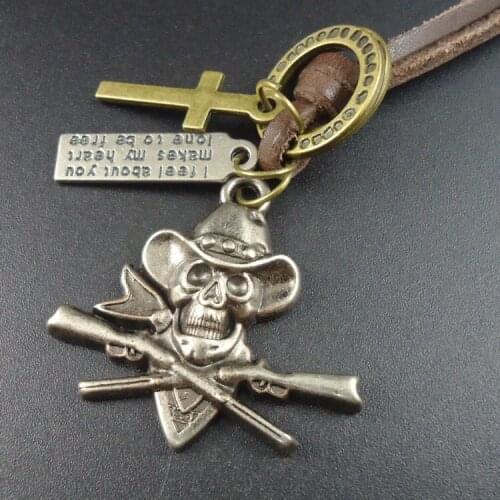 2015 Fashion Men Jewelry Vintage Skull Skeleton Pendants Long Genuine Leather Necklace for Women
