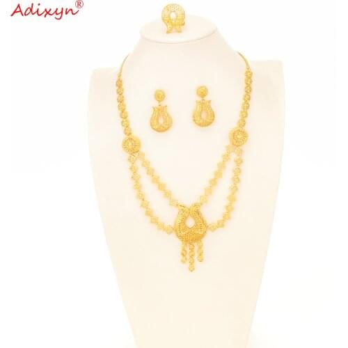 Adixyn Ethnic Earrings/Ring/Necklace 24K Gold Color Jewelry sets for Women/Lady African/Dubai Party/Birthday Gifts N1021L2